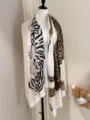Women's vintage split tiger and leopard print scarf elegant fashion shawl white wrap - Off White