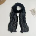Black pleated long scarf for women, lightweight crinkled fashion neckwear, elegant accessory. - Black