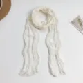 White crinkled ribbon scarf for women, elegant pleated long twist plain neck wrap accessory. - White