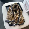 Leopard print cotton linen shawl scarf, elegant two-tone border design for women beach sun protection. - Classic Leopard Print