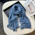 Blue lightweight silk scarf with cute white bow prints, soft breathable material. - Blue