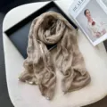 Chic lightweight bow print silk scarf detail, soft breathable fabric, elegant spring fashion shawl. - Khaki