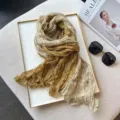 Crinkled cotton linen scarf detail, olive green paisley patchwork, elegant spring neckerchief. - Goose Yellow