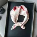 Mulberry silk small square scarf in white with red linear design elegant neckerchief style - RT#6