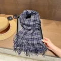 Winter plaid wool scarf, blue and grey color block pattern, long tassel shawl variant. - Color 11