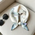 Mulberry silk small square scarf with elegant bamboo and butterfly print for women summer. - RT#5