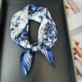 Blue and white silk scarf, elegant square headscarf for women, chic neckerchief accessory. - RT#33