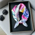 Silk square scarf for women, fashionable abstract floral print, elegant neckerchief 53cm. - RT#15