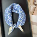 Blue floral silk scarf for women, elegant square neckerchief for summer sun protection. - RT#39