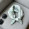 Green mulberry silk small square scarf, elegant neck accessory for summer fashion sun protection. - RT#13