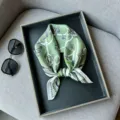 Green silk square scarf with classic equestrian print, stylish small neck scarf for women. - RT#21