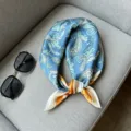 Blue silk square scarf with paisley pattern and orange border, 53x53cm stylish neck wrap. - RT#10
