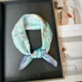 Blue mulberry silk square scarf 53x53cm, elegant floral bird print women neckerchief summer. - RT#36