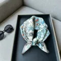 Mulberry silk small square scarf 53x53cm, blue floral print elegant fashion neck scarf for women. - RT#18