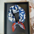 Blue Floral Silk Square Scarf Orange Border Fashion Neck Scarf 53x53cm Summer Sun Protection - RT#56