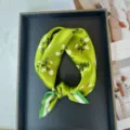 Green silk square scarf with floral print, elegant women accessory for summer style and daily wear. - RT#73