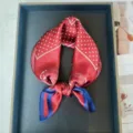 Red silk square scarf for women, elegant polka dot neck scarf with blue border variant. - RT#85