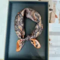 Elegant silk square scarf with classic paisley print in brown and orange for women fashion. - RT#91