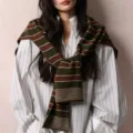Australian wool 100% striped T-shaped shawl women autumn winter cozy knitted scarf overlay. - Green Plaid