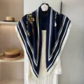 Women stylish navy blue triangle scarf with white stripes and leopard print for spring summer - Navy Blue