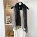 Femme long écharpe à carreaux mélange soie laine hiver chaud mode noir blanc châle foulard - Noir