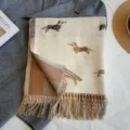 Detailed view of autumn winter dog jacquard imitation cashmere scarf with fringe hem cozy. - Beige