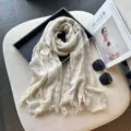 Vintage plaid linen cotton scarf, lightweight breathable wrap, versatile for all seasons style. - 200x75cm / Off White