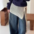 Korean style hollow-out knit waist wrap skirt, stylish asymmetric layered accessory for autumn. - Beige