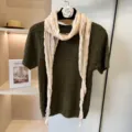Women vintage green knit short sleeve top and beige crinkled long scarf set chic daily wear - 180*40cm / Beige