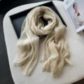 Nylon slub scarf beige variant, elegant lightweight solid color neckwear for women accessory. - Khaki
