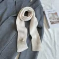 Cozy ribbed knit scarf in off-white, soft winter long narrow scarf for women daily wear. - 155x7cm / Beige