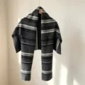 Australian wool striped T-shaped shawl for women, cozy winter knitted scarf and cape outer wear. - Gray