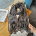 Solid color dark grey crinkled nylon slub scarf, lightweight breathable autumn winter neck accessory. - Dark Gray