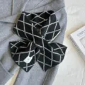 Black white diamond knit cross scarf, warm winter cozy thick knitted neckerchief for women. - Black