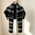 Australian 100% wool black and white striped T-shaped shawl scarf for women, cozy winter wear. - Black and Gray