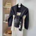 Korean style pure wool retro knit jacquard shawl winter warm versatile layered scarf top. - Pure Wool Jacquard Shawl - Dark Gray / One Size