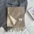 Two-tone imitation cashmere winter scarf with fringes and cozy warm design for women. - Light Camel
