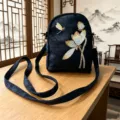 Chinese style embroidered lotus shoulder bag, ethnic messenger bag with long strap for women. - Dragonfly