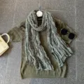 Women green white grid crinkled long scarf versatile fashion casual neck wrap accessory - Army Green