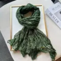 Green wrinkled polka dot cotton linen scarf for women, elegant daily neck wrap shawl main view - Polka Dot Floral Green