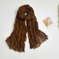 Solid brown crinkled linen scarf women lightweight breathable vintage shawl autumn daily wear - 90*180cm / Coffee