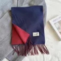 Two-tone imitation cashmere scarf with tassels, navy blue and red winter warm wrap shawl. - Navy Blue
