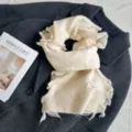 Beige knitted women winter scarf with sweet lace frayed edge, cozy warm neck wrap. - 25x165 cm / Beige