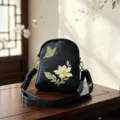 Chinese style embroidered black shoulder bag, elegant floral crossbody bag for daily use. - Green Begonia