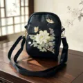 Chinese style embroidered crossbody shoulder bag, black floral pattern daily variant - Butterfly and Crops