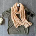 Women versatile crinkled striped long scarf and short sleeve green knit top outfit set. - Light Yellow