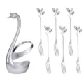 Stainless steel swan holder with six leaf fruit forks set, elegant kitchen tableware display. - 410 Silver Leaf Fork 6 Pcs + Swan Base