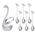 Stainless steel swan holder set with six leaf dessert spoons, elegant tabletop tableware. - 410 Silver Leaf Spoon 6 Pcs + Swan Base