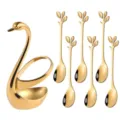 Luxury gold stainless steel swan holder set with six creative leaf dessert coffee spoons. - 410 Gold Leaf Spoon 6 Pcs + Swan Base