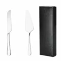 Stainless steel cake knife and spatula set with gift box, precise dimensions and weights. - 2-Piece Set with Gift Box / Silver